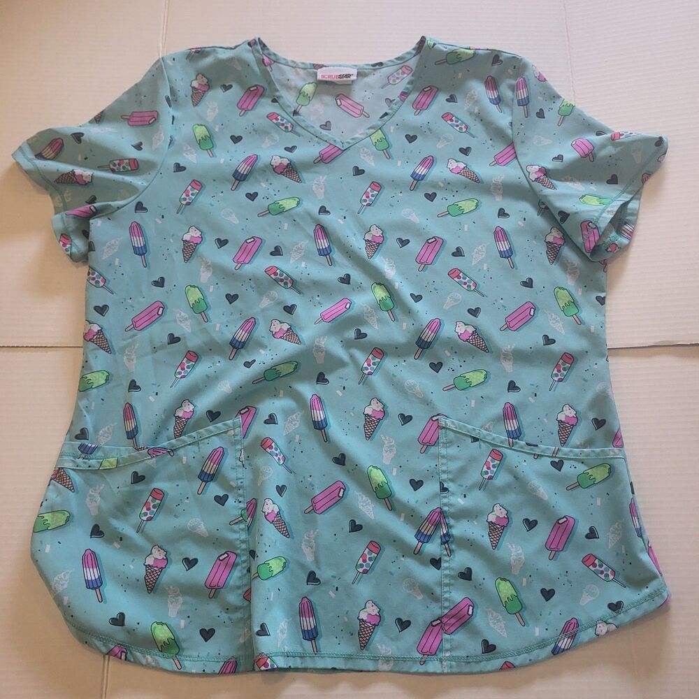 Scrubstar Scrub Top Women's Ice Cream Cone Popsicles V-Neck Size Large L